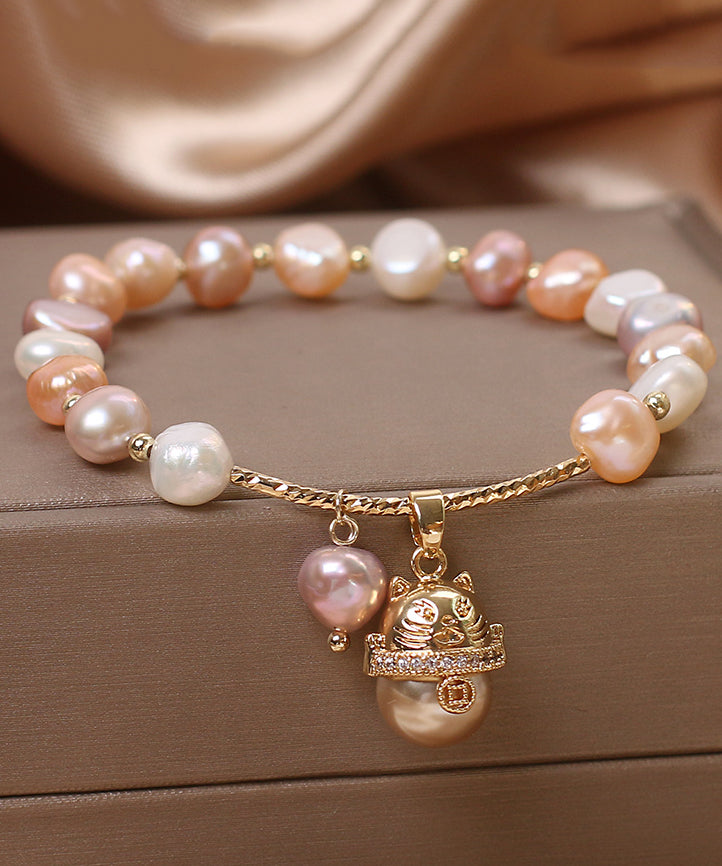 Bracelet à breloques et pompon en forme de chat porte-bonheur avec perles en cuivre champagne et surdoré, design original - TrendAura