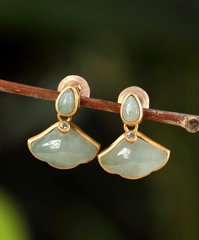 Boucles d'oreilles à tige en argent sterling cyan avec feuille de ginkgo et zircone surdoré au design original - TrendAura