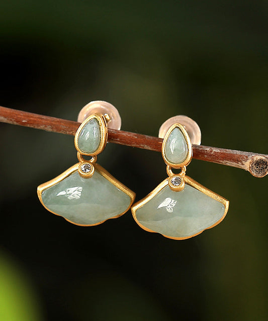 Boucles d'oreilles à tige en argent sterling cyan avec feuille de ginkgo et zircone surdoré au design original - TrendAura