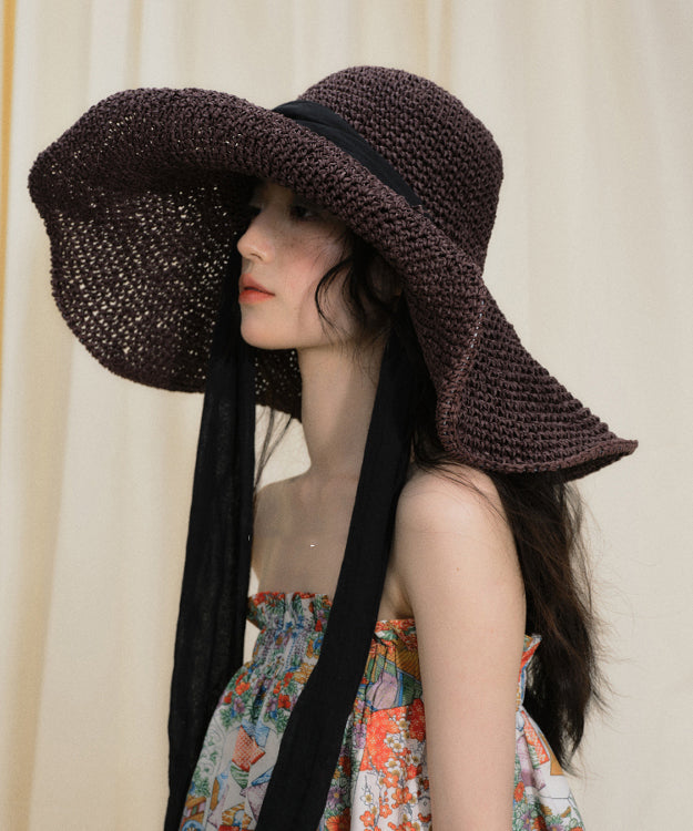 Chapeau de soleil respirant à large bord violet foncé au design original pour les vacances à la plage - TrendAura