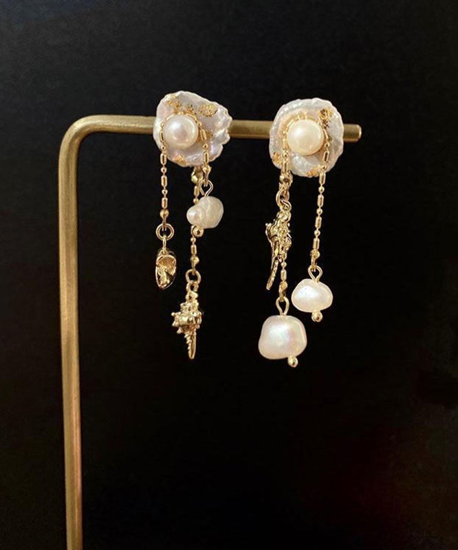 Boucles d'oreilles pendantes originales en alliage de cuivre doré et perles de conque - TrendAura