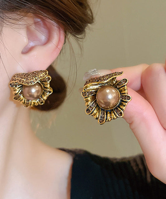 Boucles d'oreilles à tige en alliage de cuivre doré et perles de zircon au design original - TrendAura