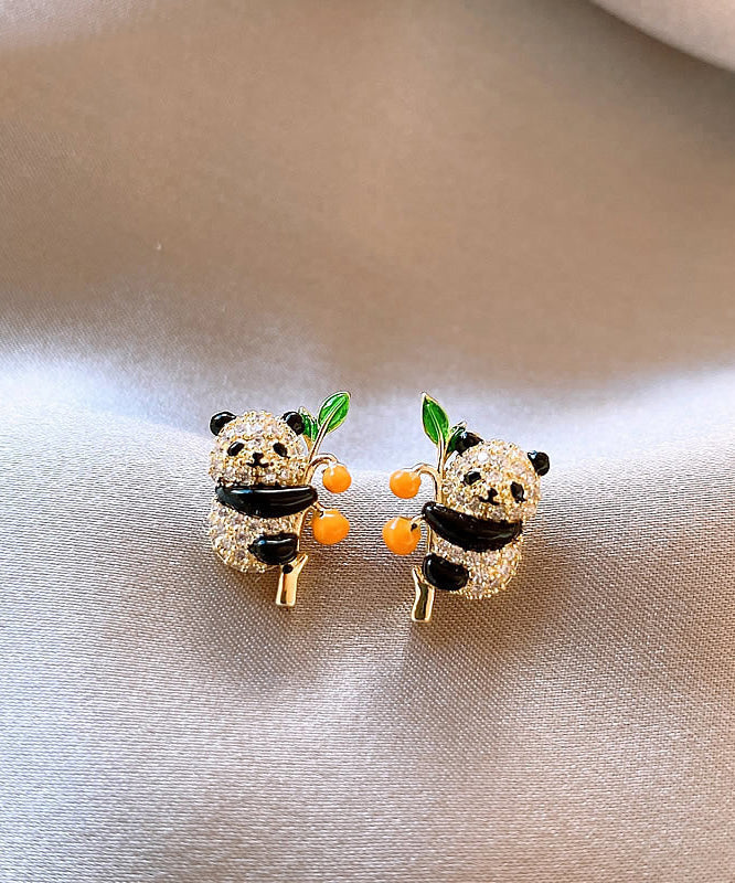 Boucles d'oreilles à tige en forme de panda kaki et zircon doré au design original - TrendAura