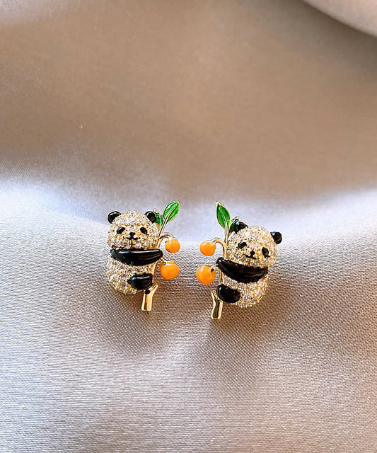 Boucles d'oreilles à tige en forme de panda kaki et zircon doré au design original - TrendAura