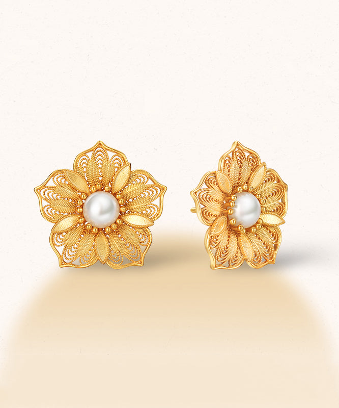 Boucles d'oreilles à tige ajourées en argent sterling doré et perle au design original - TrendAura
