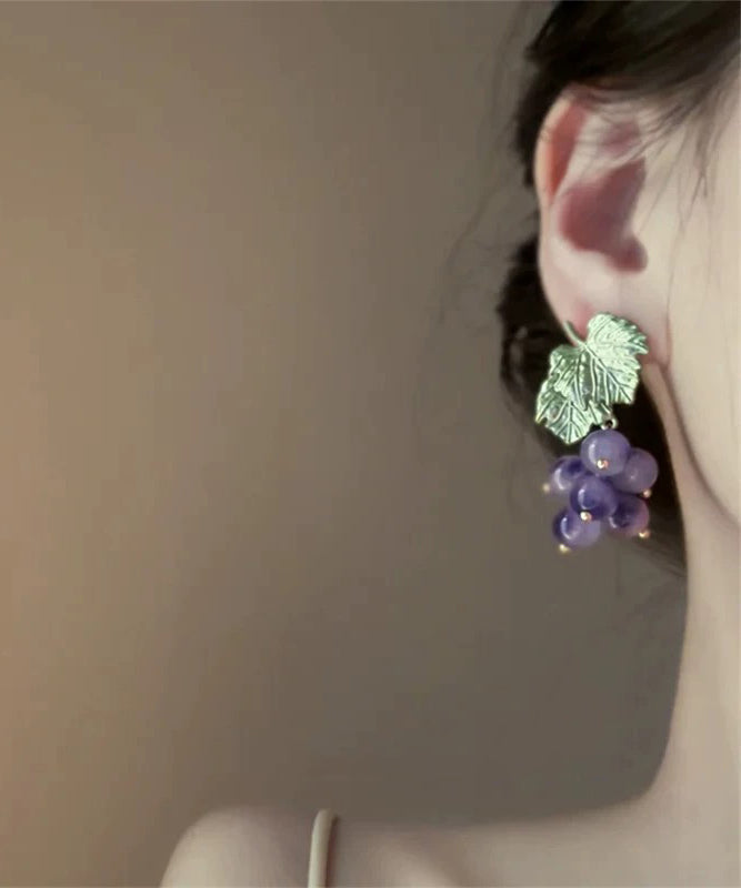 Boucles d'oreilles à tige en alliage de verre violet au design original en forme de raisin - TrendAura