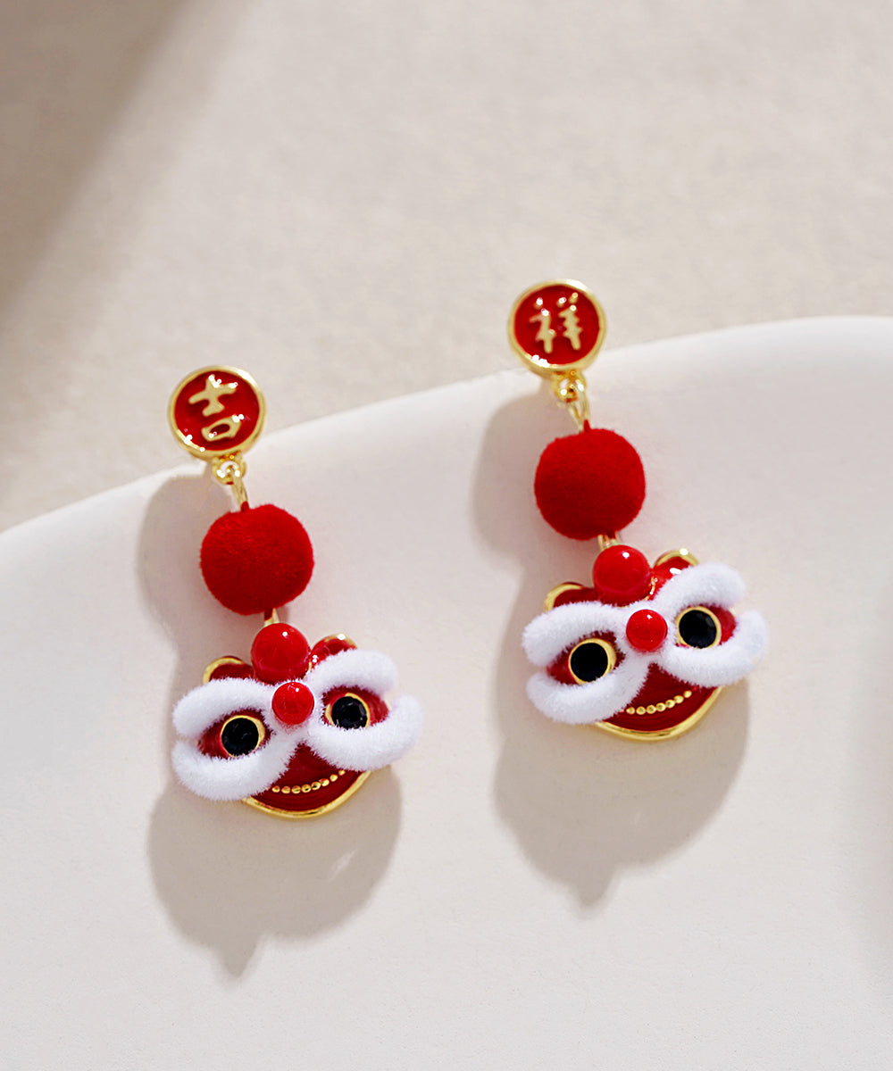 Boucles d'oreilles pendantes en velours de soie et cuivre rouge orange de conception originale Lion Dance - TrendAura