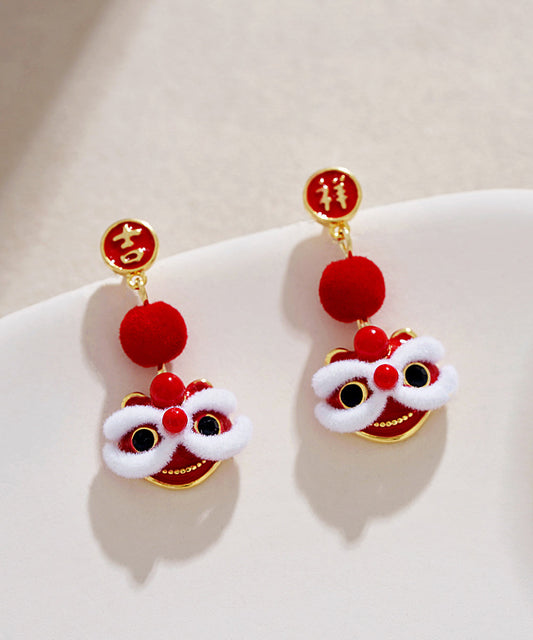 Boucles d'oreilles pendantes en velours de soie et cuivre rouge orange de conception originale Lion Dance - TrendAura