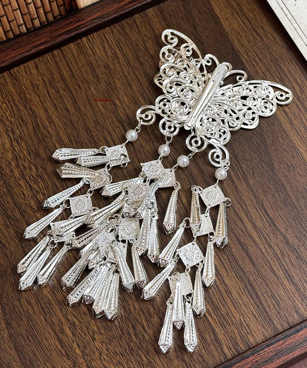 Épingle à cheveux papillon à pompon en soie, argent sterling et perle, design original - TrendAura