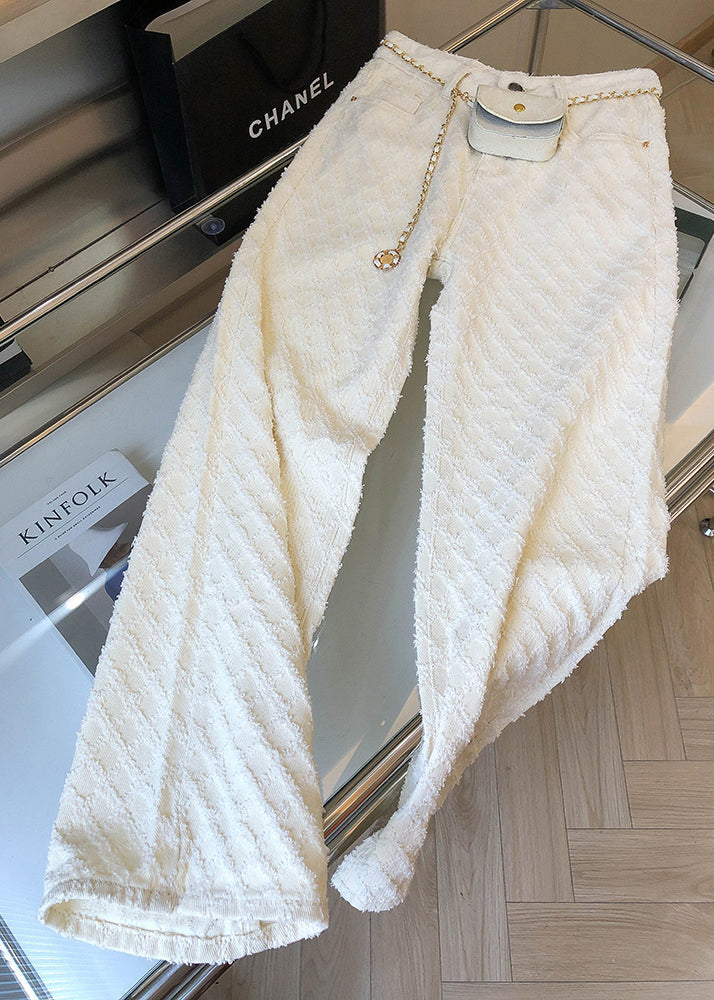 Pantalon droit en denim blanc à poches, design original, printemps - TrendAura