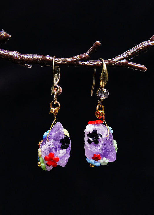 Boucles d'oreilles pendantes originales en Jade naturel violet, fleurs multicolores - TrendAura