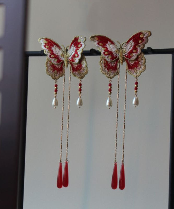 Épingle à cheveux originale en argent sterling rouge doré à broderie papillon et pompon - TrendAura