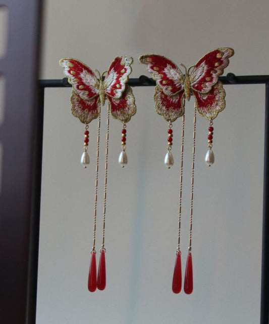 Épingle à cheveux originale en argent sterling rouge doré à broderie papillon et pompon - TrendAura