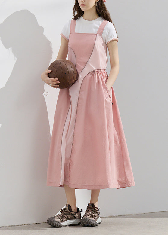 Robe d'été originale rose à bretelles et cordon de serrage asymétrique en patchwork - TrendAura
