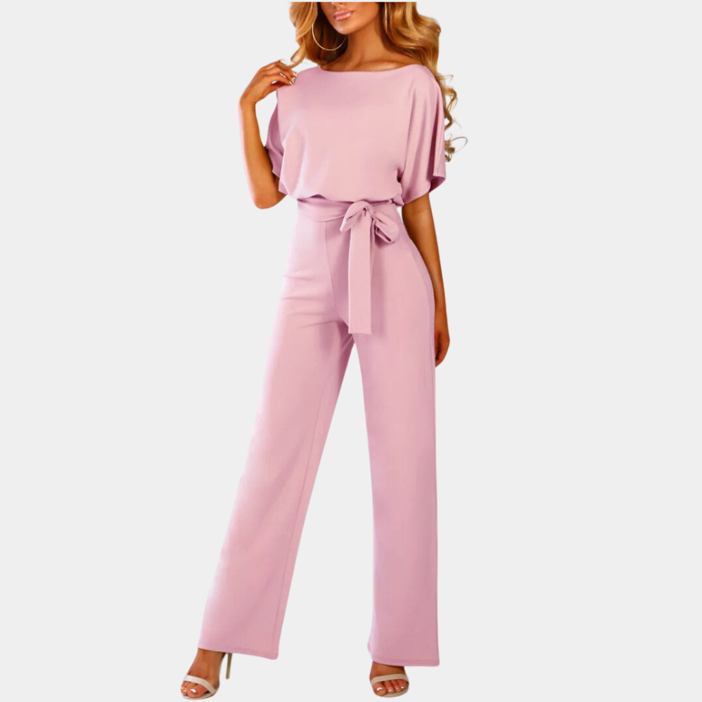 Women's Jumpsuit - Short Sleeve - Tie at Waist - Wide Legs - Elegant and Comfortable