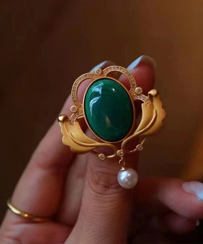 Bagues surdimensionnées en argent sterling vert surdoré avec perles de jade et zircon - TrendAura
