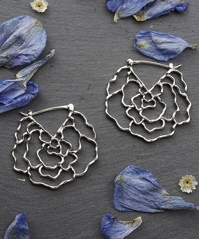 Boucles d'oreilles créoles creuses en alliage de soie surdimensionnées en forme de rose - TrendAura