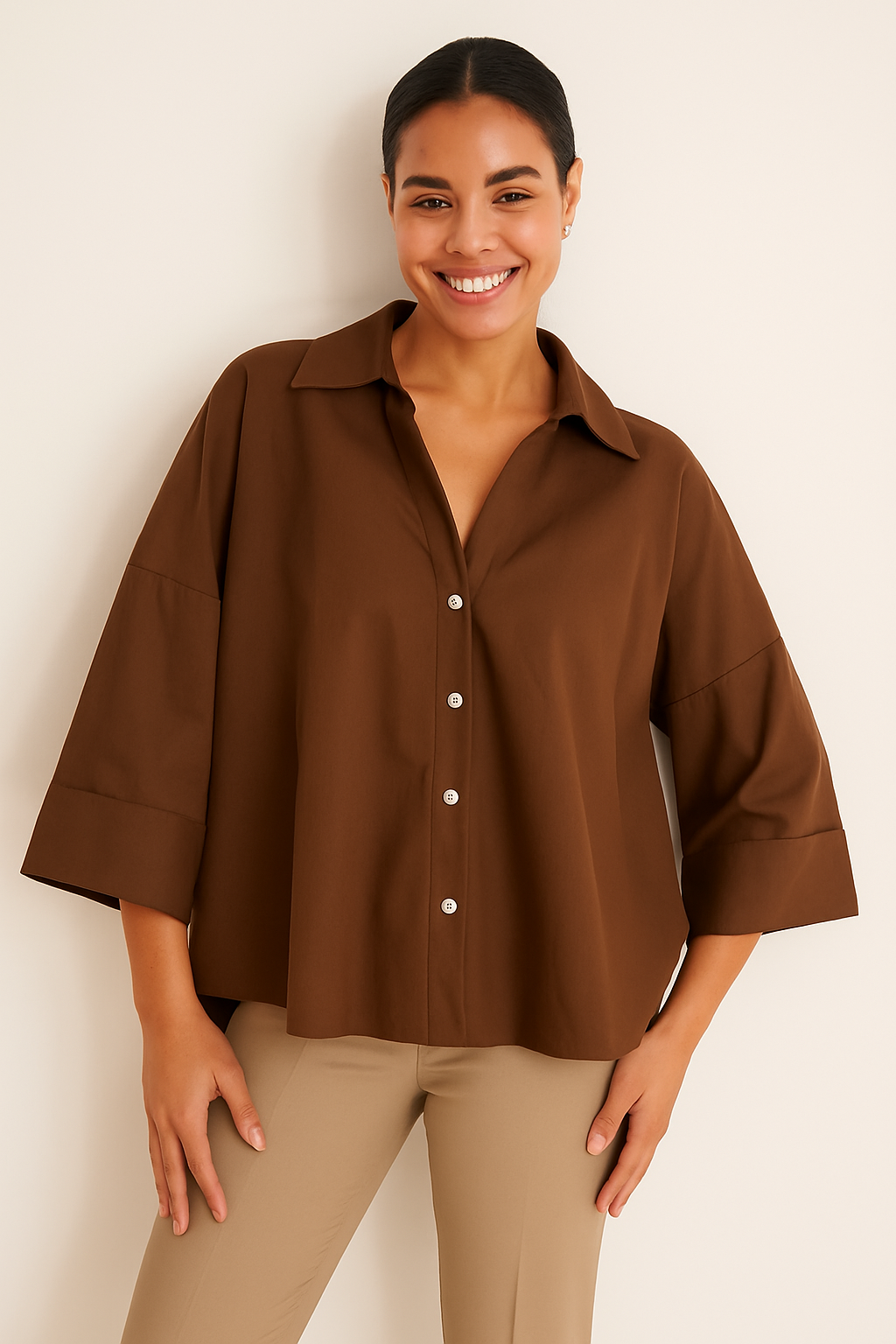 Oversize Button Front Blouse For Women Ultra Soft Fabric Loose Fit Casual Elegance