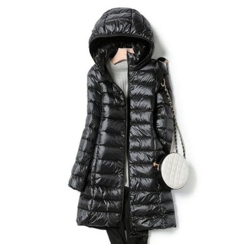 Léa Long Hooded Down Jacket For Women Warmth And Lightweight Comfort With Urban Style