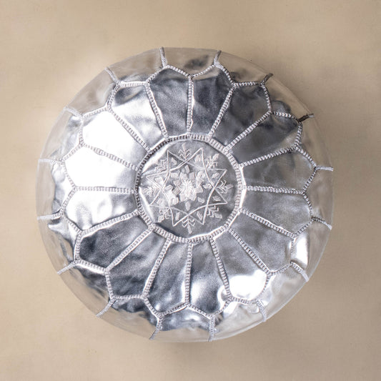 Authentic Moroccan Leather Pouf - Silver - TrendAura