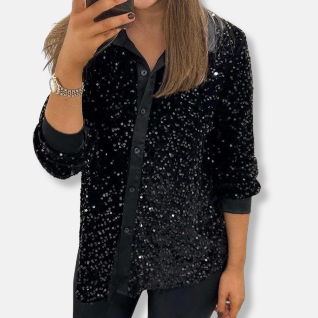 Women’s Sequin Shirt – Relaxed Fit – Button-Up – Long Sleeve Party Top