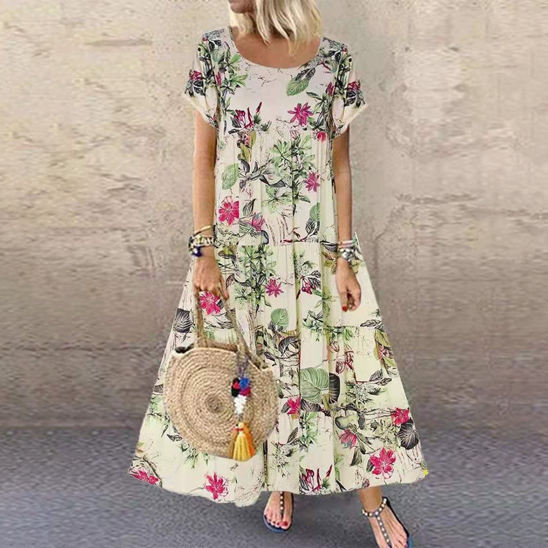 Women’s Maxi Dress – Loose Fit – Floral Print – Short Sleeve – Cotton Blend