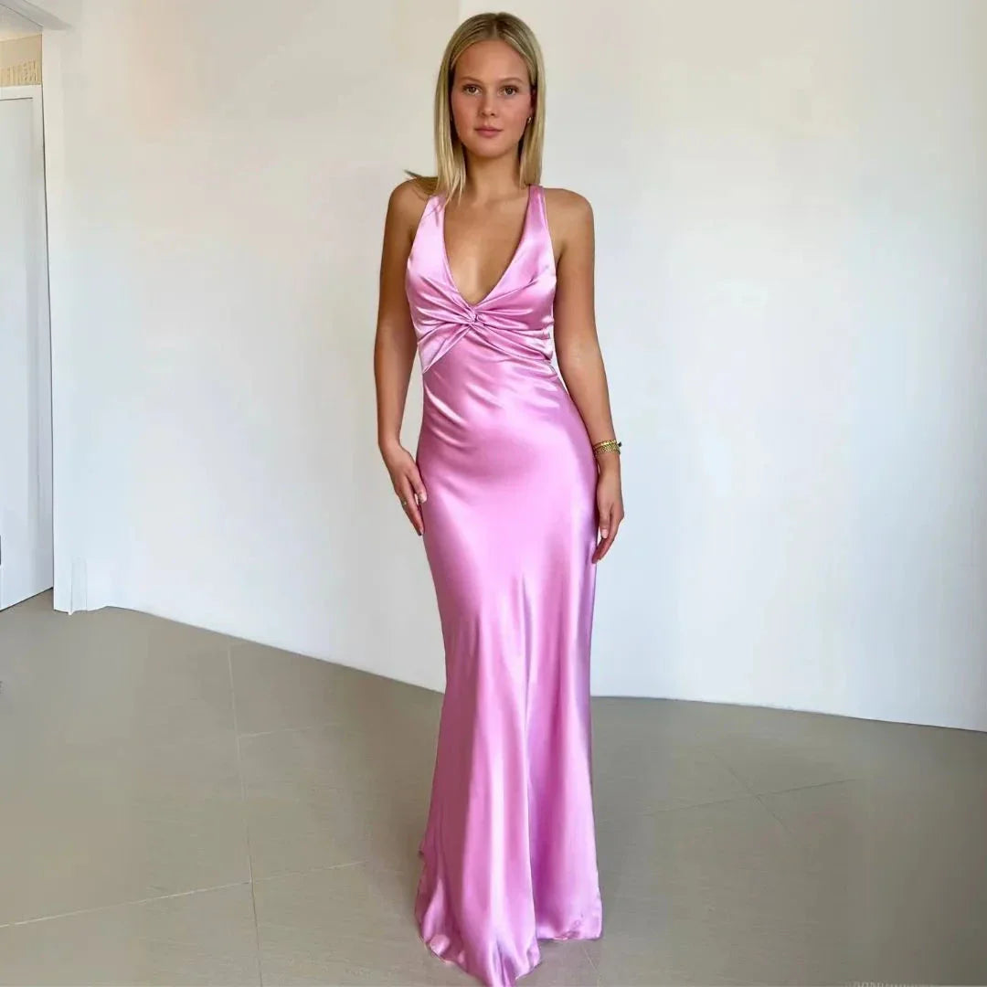 Penelope Twist-Front Halter Slip Maxi Dress