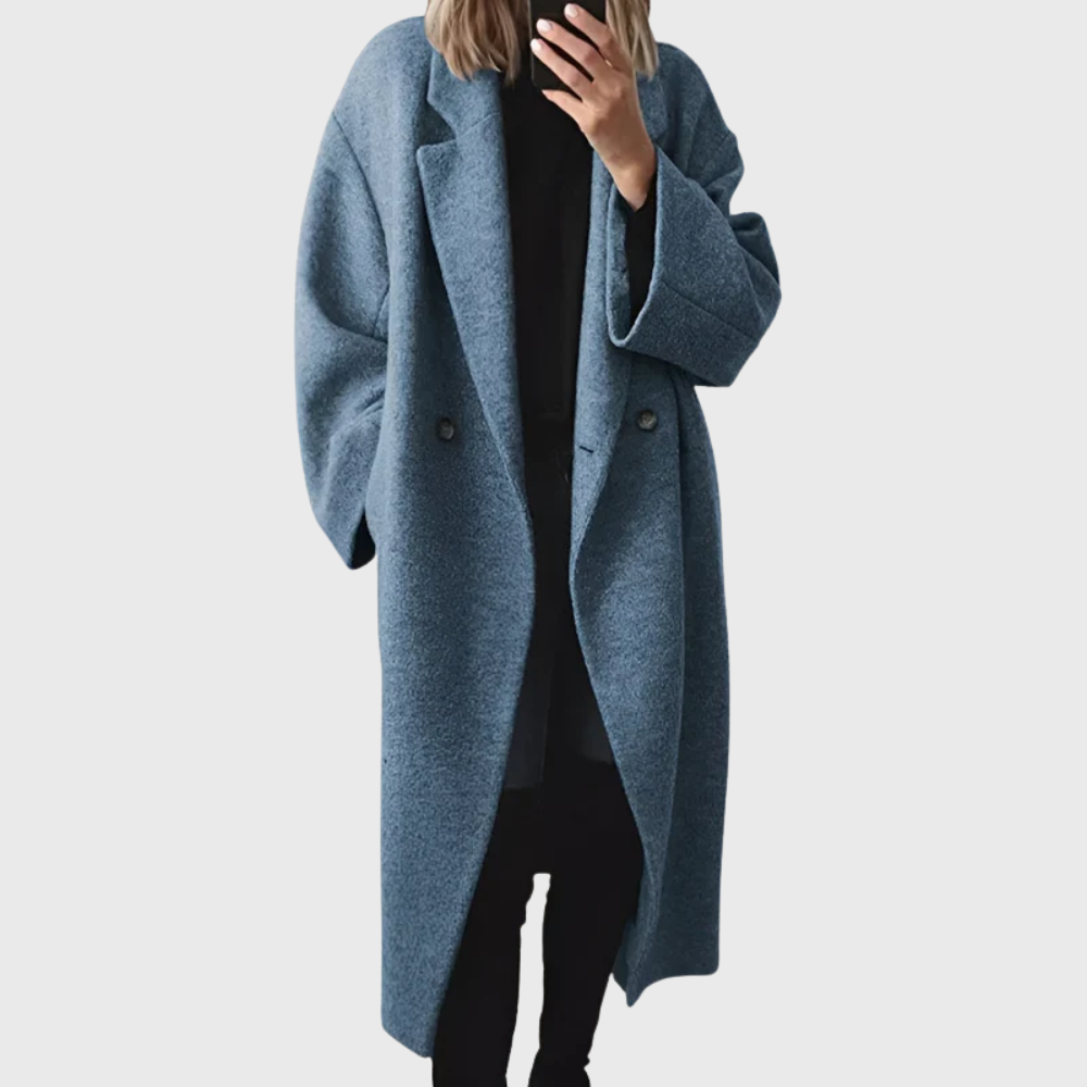 Women's Longline Overcoat with Button Closure and Side Pockets