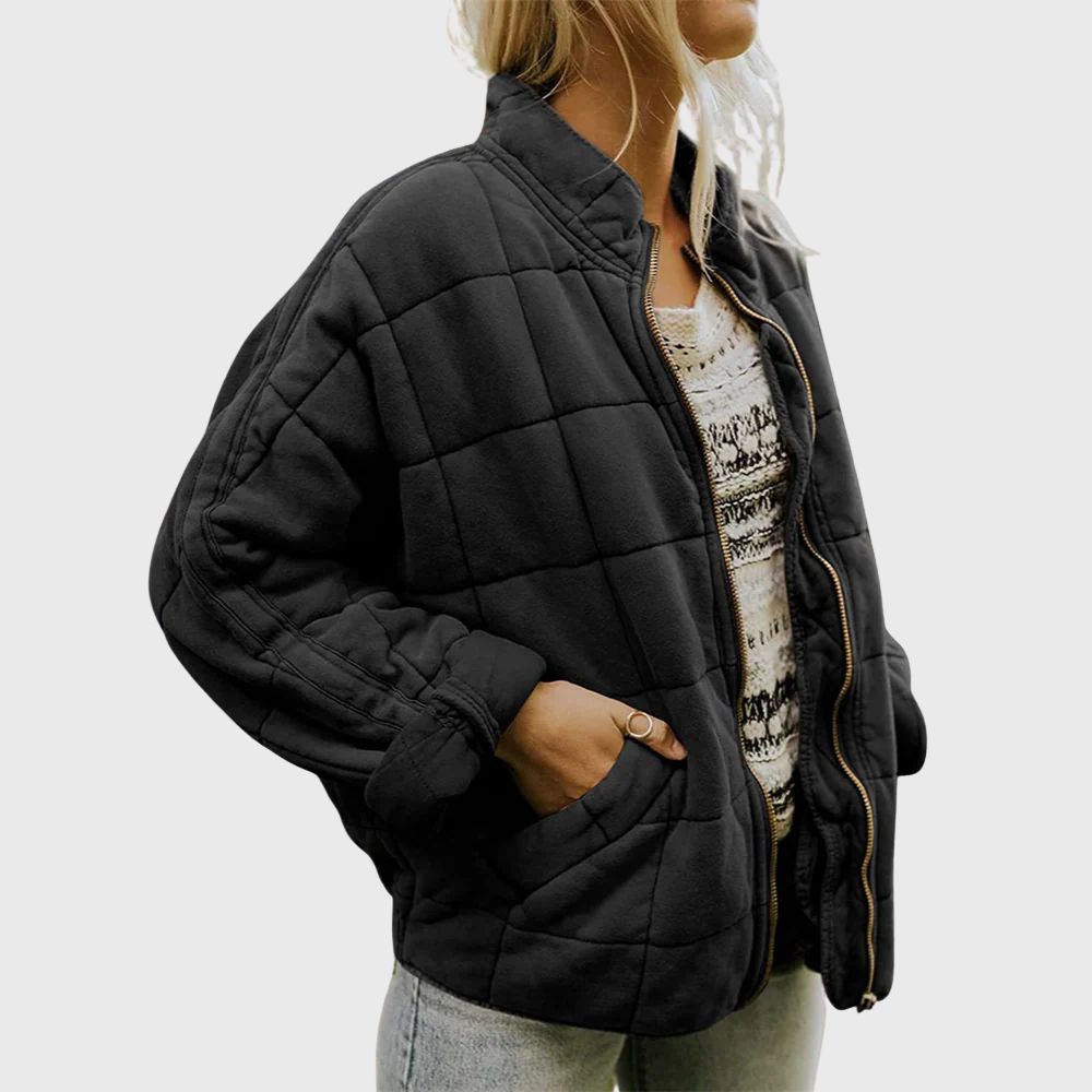 TrendAura Emily Fleece Quilted Jacket for Women Oversized Stand Collar with Pockets