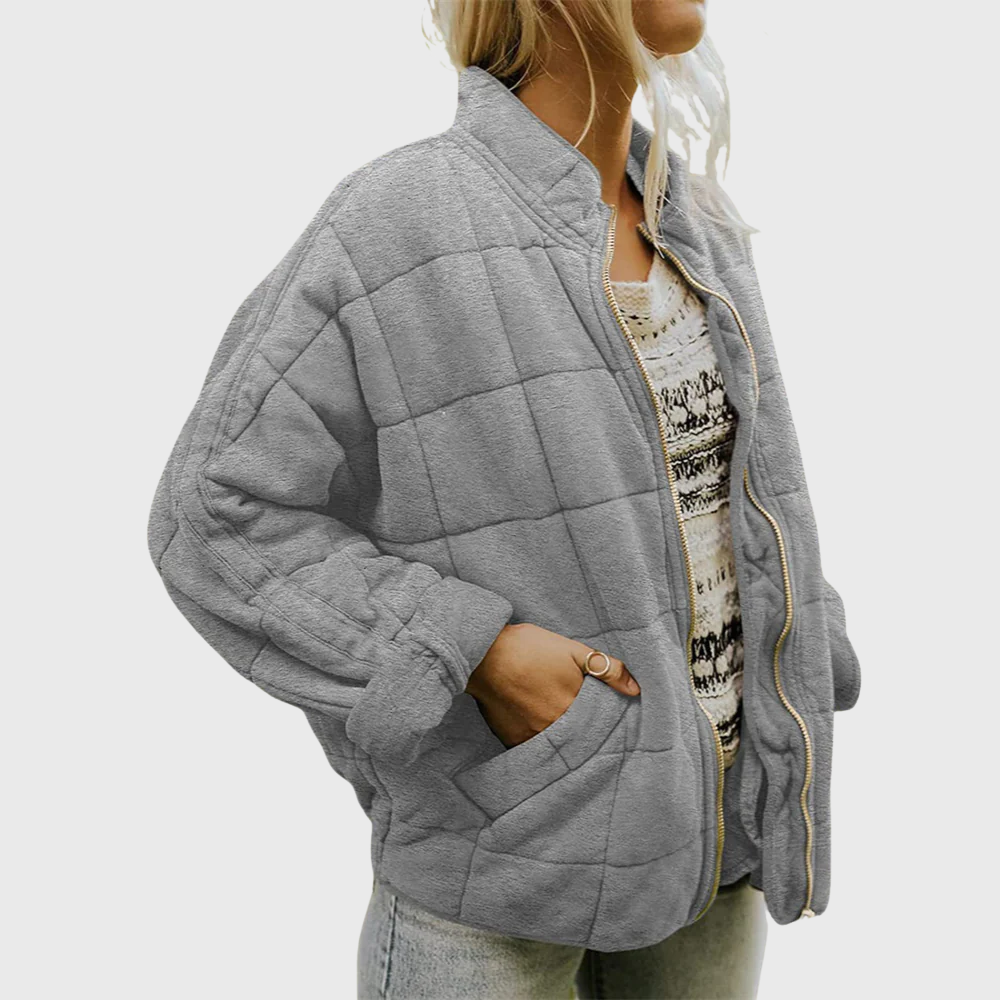 TrendAura Emily Fleece Quilted Jacket for Women Oversized Stand Collar with Pockets