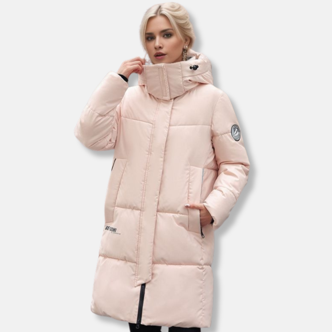 Women’s Puffer Coat - Mid-Thigh Length - High Collar with Hood