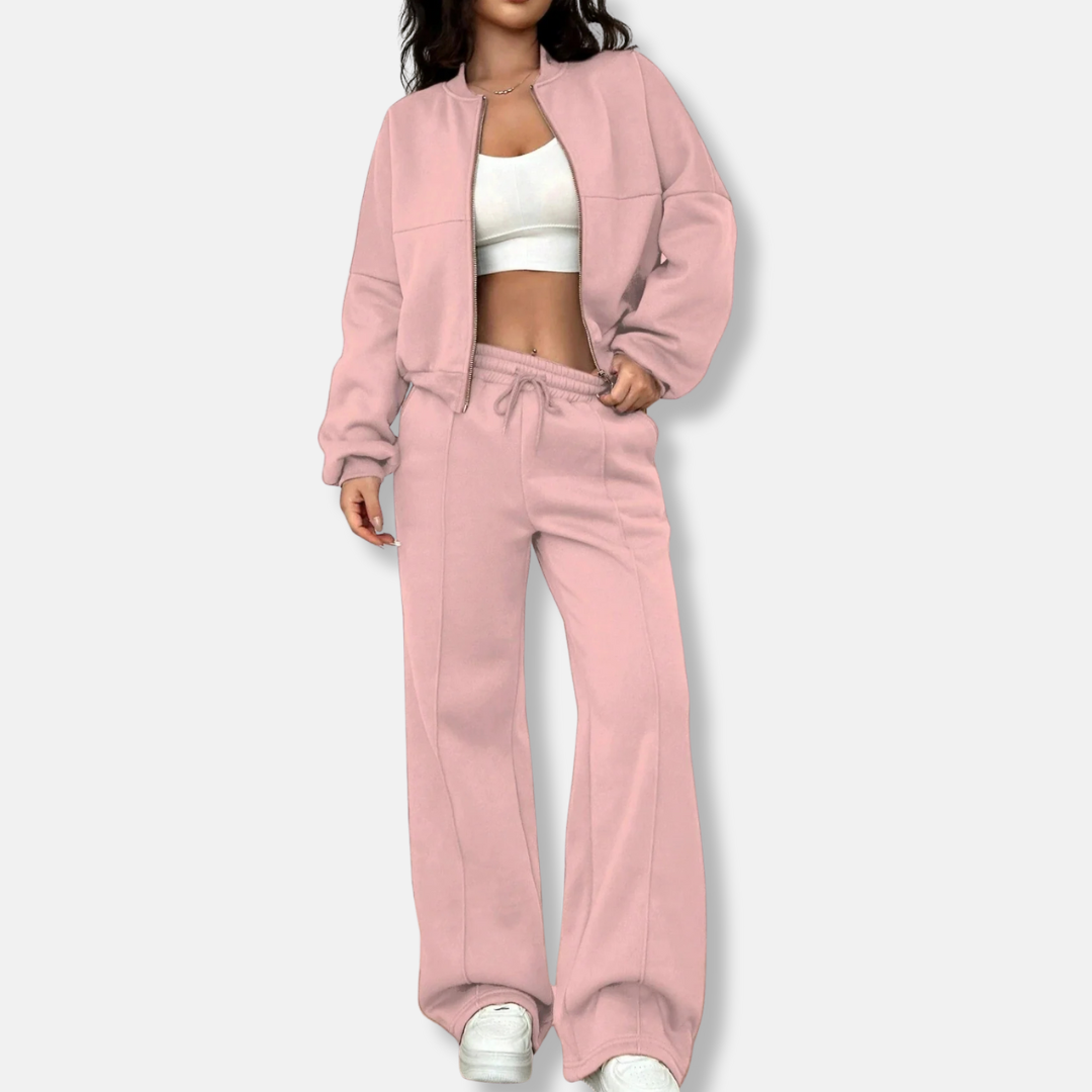Women’s Two-Piece Loungewear Set – Relaxed Bomber Jacket – High-Waisted Wide-Leg Pants