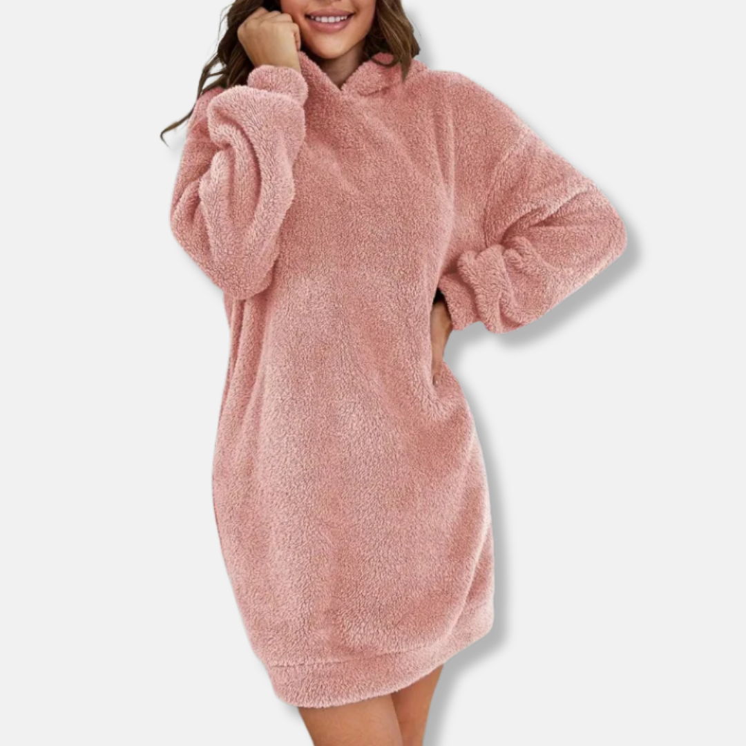 Women’s Hoodie Dress – Fleece Texture – Oversized Fit – Long Sleeve Mini Lounge Wear