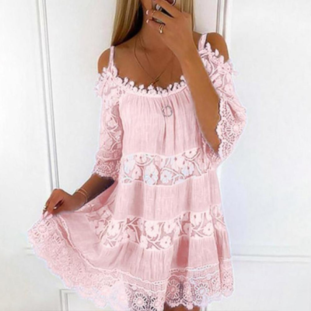 Women’s Off-Shoulder Mini Dress – Flowy Fit – Lace Panels – 3/4 Sleeve – Lightweight