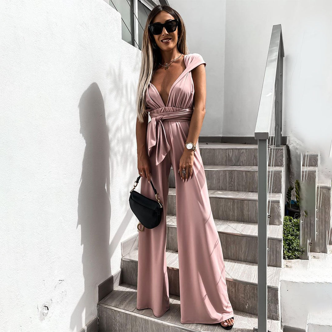 TrendAura Women's Jumpsuit - Sleeveless Deep V-Neck Waist Tie Wide Leg Fit For All Day Comfort