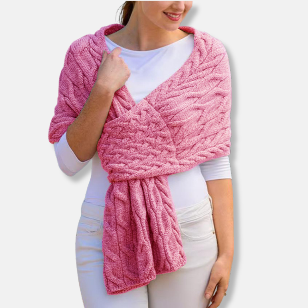 Women’s Shawl Scarf - Wool - Cable Knit Pattern - Long Coverage