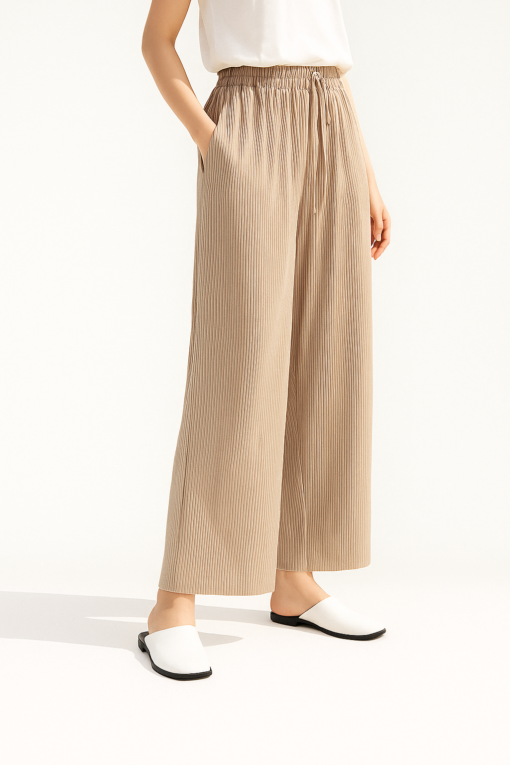Pleated Wide Leg Drawstring Pants For Women With Shiny Fabric Elegant Comfort Everyday Wear