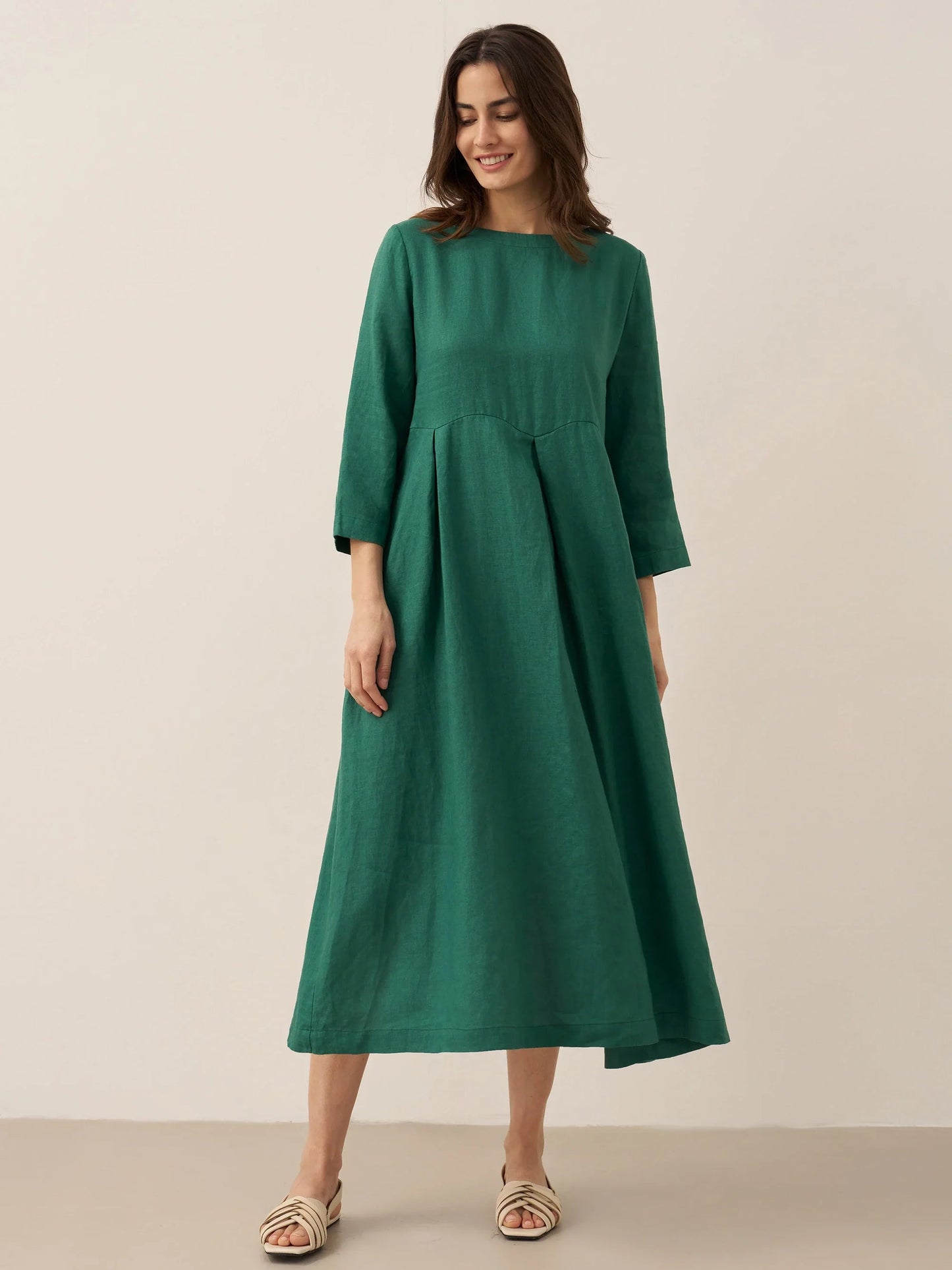 Pleated Linen Maxi Dress For Women 100 Percent Linen Breathable Elegant Summer Comfort