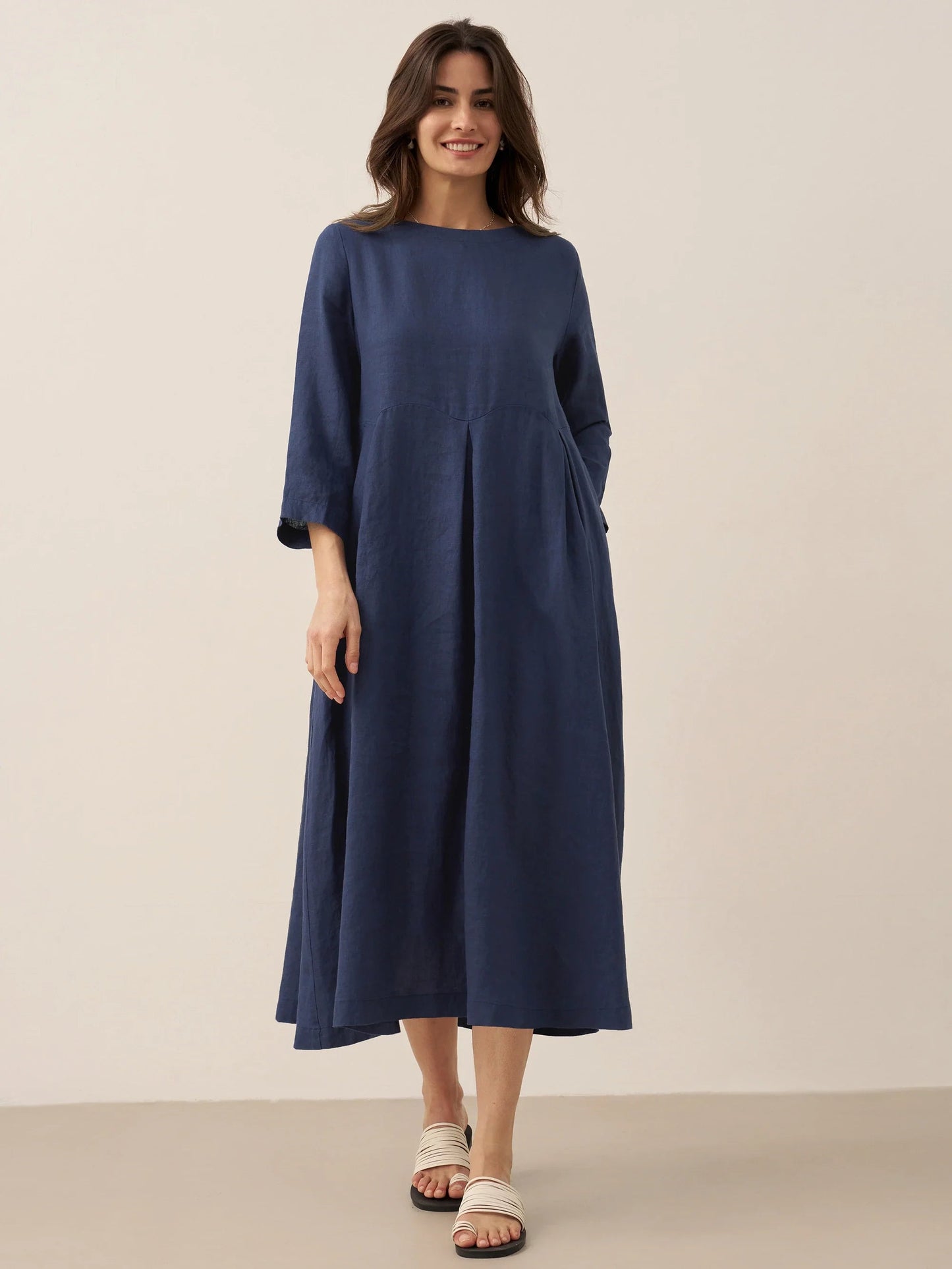 Pleated Linen Maxi Dress For Women 100 Percent Linen Breathable Elegant Summer Comfort