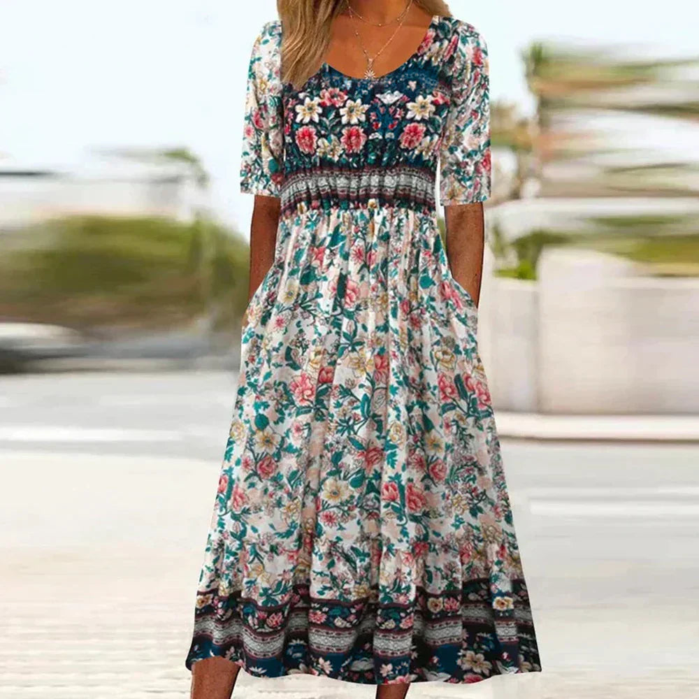 TrendAura Women's Boho Maxi Dress - Floral Print Relaxed Fit Short Sleeve Pockets For Everyday Comfort