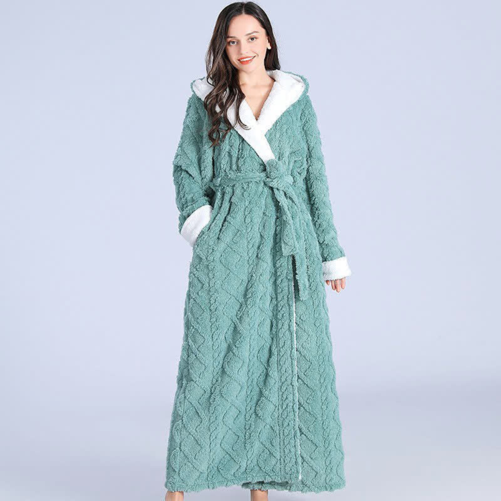 Isla Hooded Bathrobe For Women Plush Fleece With Belted Waist And Cozy Contrast Trim