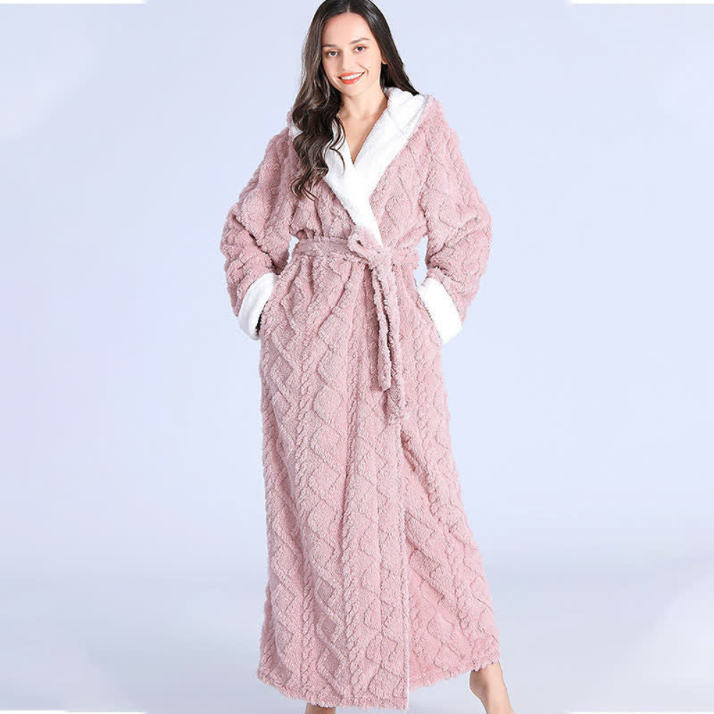 Isla Hooded Bathrobe For Women Plush Fleece With Belted Waist And Cozy Contrast Trim