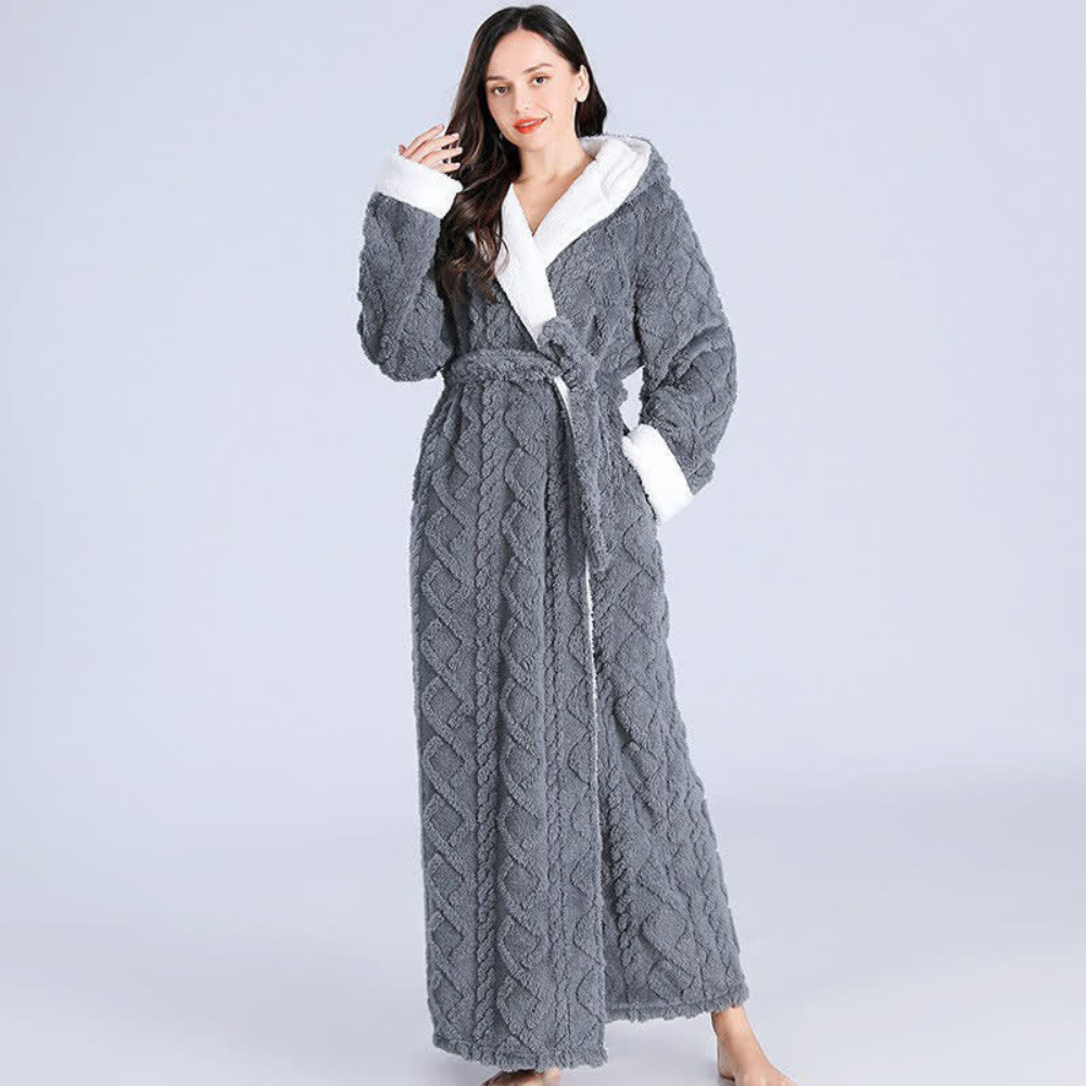 Isla Hooded Bathrobe For Women Plush Fleece With Belted Waist And Cozy Contrast Trim