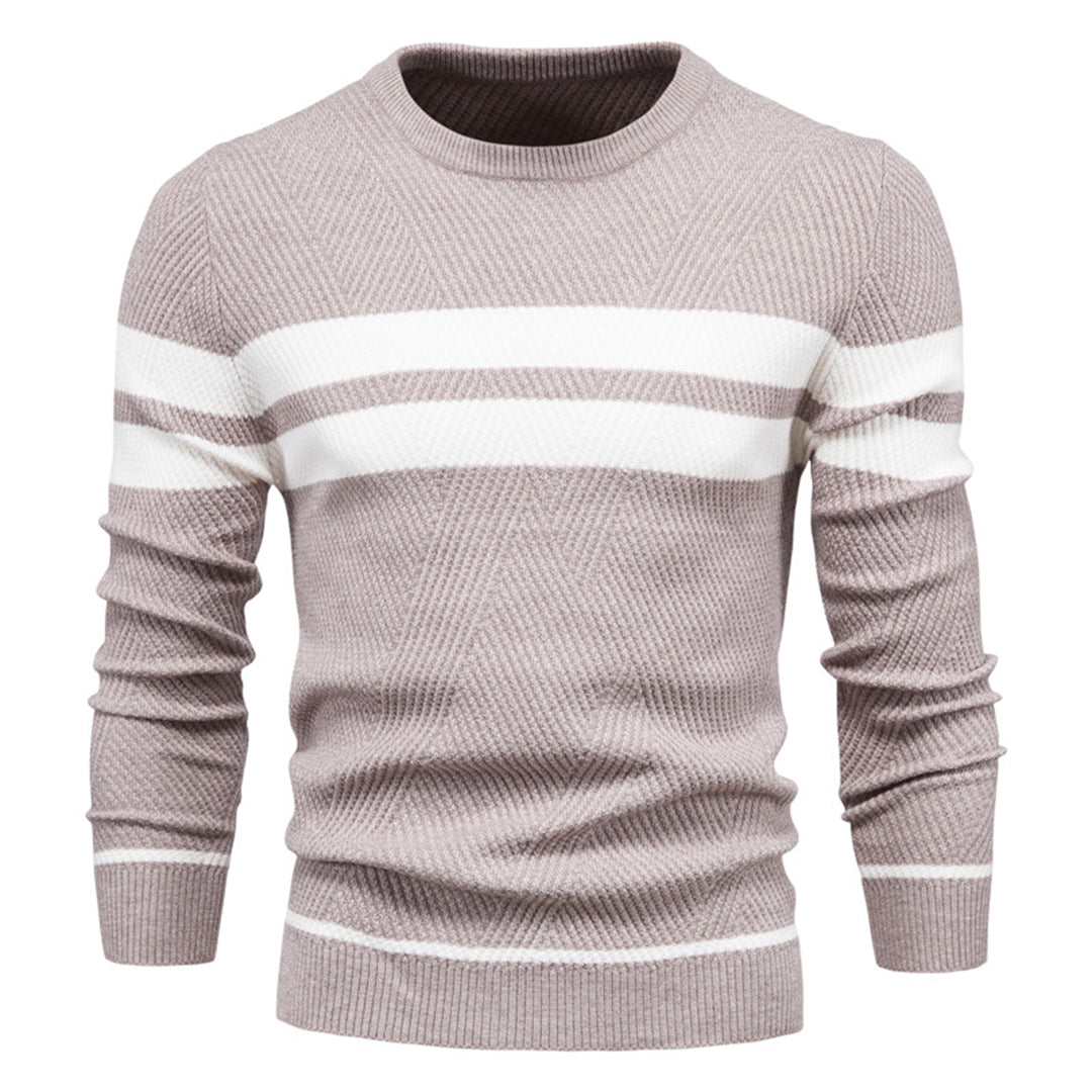 Mens Slim Fit Knit Sweater With Ribbed Texture And Subtle White Stripe Detail Crew Neck