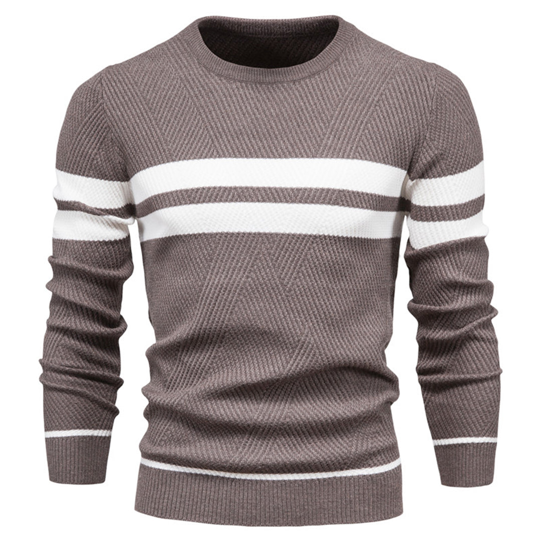 Mens Slim Fit Knit Sweater With Ribbed Texture And Subtle White Stripe Detail Crew Neck