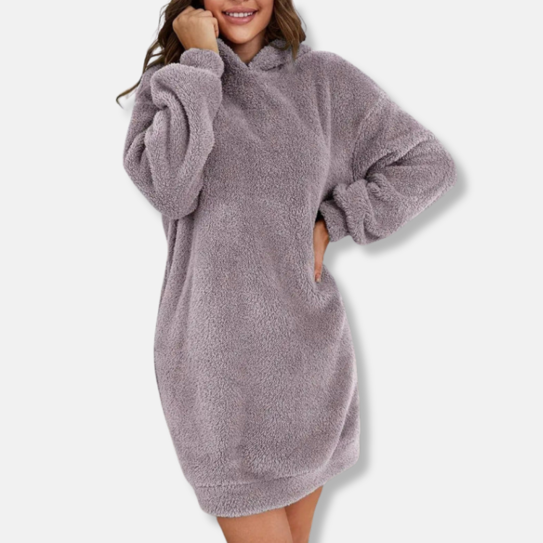 Women’s Hoodie Dress – Fleece Texture – Oversized Fit – Long Sleeve Mini Lounge Wear