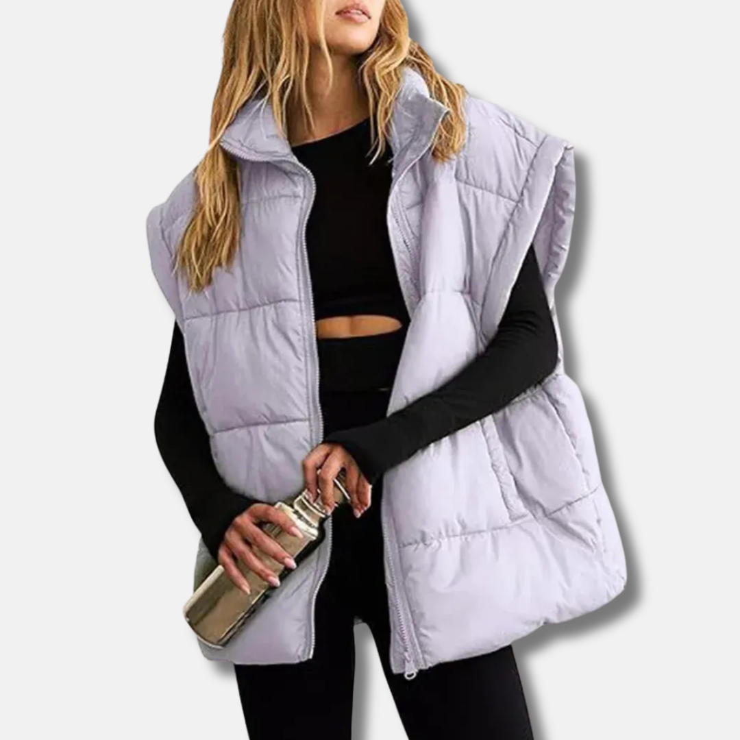 Women’s Puffer Vest - Quilted Fabric - Stand Collar - Hip Length