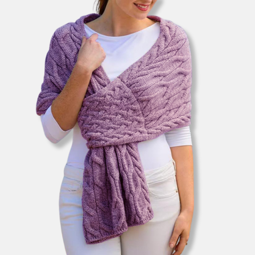 Women’s Shawl Scarf - Wool - Cable Knit Pattern - Long Coverage