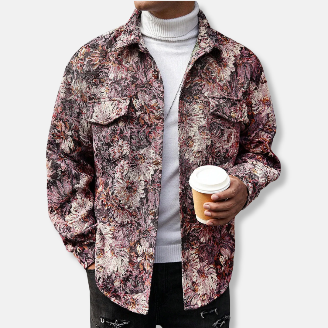 Mens Floral Jacquard Jacket With Woven Texture In Relaxed Fit Utility Style For Everyday