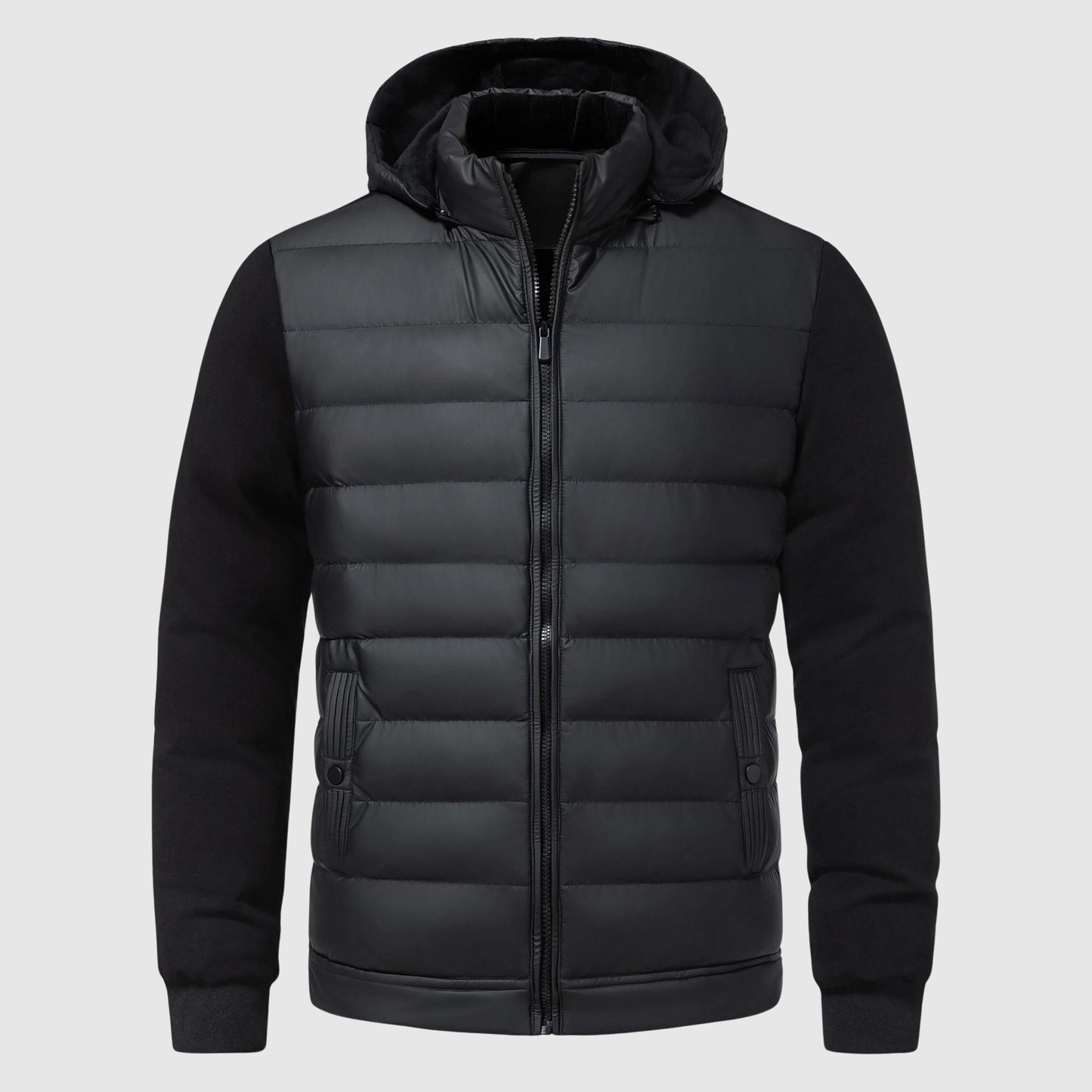 TrendAura Two Tone Gray Puffer Hooded Mens Jacket With Quilted Insulation And Soft Black Sleeves